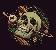 a drawing of a skull with an object in it's mouth and planets around it