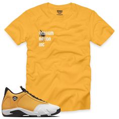 "Light Ginger 14 Redrum Nation Inc. T-Shirt with print on a premium 100% cotton true to size regular classic fit available in black/white/yellow short sleeve t-shirt design for the Air Jordan 14 Retro \"LIGHT GINGER\" 2022. Wear this comfortable short sleeve T-shirt on any occasion.(sneakers showed not included)REDRUM CLOTHING is an independent sneaker-based line to compliment all Jordans/Foamposite or any shoe we do not have any affiliation with Air Nike/Jordan brand. True to size Regular fit T Yellow Fan Apparel Tops For Streetwear, Fan Apparel T-shirt For Streetwear With Branding, Classic Streetwear T-shirt With Screen Print, Yellow T-shirt With Logo Print For Fans, Classic Screen Print T-shirt For Streetwear, Yellow Logo Print T-shirt For Fans, Yellow Graphic Print T-shirt For Fans, Yellow Basic Pre-shrunk T-shirt, Fitted Yellow T-shirt With Screen Print