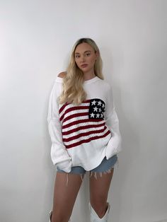 Details: American flag sweater Knit Boat neck Size + Fit: Model is 5'4 Wearing size S/M Fabric + Care: 100% cotton Shipping + Return: Free US ground shipping on orders $100+ We offer free returns and a refund in the form of store credit with items not worn within 10 days of delivery For more info on returns visit our returns page White Crew Neck Sweatshirt For 4th Of July, Oversized White Knitted Sweatshirt, White Oversized Knitted Sweatshirt, White Cozy Knitted Sweatshirt, White Knitted Cotton Sweatshirt, Long Sleeve Flag Print Sweater For Fall, Fall Flag Print Long Sleeve Sweater, Fall Long Sleeve Flag Print Sweater, Oversized Crew Neck Tops For 4th Of July