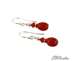 Red Ladybug Beaded Crystal Earrings Ladybug Jewelry, Crystals Red, Jewelry Box Design, Handmade Jewelry Box, Lampwork Earring, Bead Projects, Fan Pulls, African Necklace, Handmade Lampwork Bead