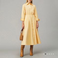 Tory Burch Eleanor Cotton Poplin Shirtdress! - Dark Vanilla Custard Color - Size 10 - Midi Length - Nwot/Never Worn! - Beautiful Dress! Yellow Midi Shirt Dress For Work, Collared Yellow Dress For Work, Elegant Yellow Shirt Dress For Work, Elegant Yellow Dresses With Buttons, Yellow Long Sleeve Dress, Yellow Long Sleeve, Tory Burch Dress, Vanilla Custard, Shirtdress