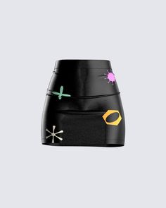 Why fit in when you can stand out and literally be the center of attention 🤩 Set yourself apart from the rest in this black faux-leather, high-rise mini skirt detailed with a bright, bold pattern. They couldn't ignore you even if they tried 😌 Fuzzy Skirt, White Corset Dress, Floral Lace Skirt, Vegan Leather Skirt, Outfit Png, Chain Dress, Red Mini Skirt, Animal Products, Black Vegan