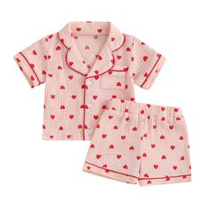 Fall in love with our HEARTS Muslin Pyjamas for baby girls! Featuring a playful hearts pattern, these pyjamas are perfect for Valentine's Day, or keeping cool and comfortable in the summer. Designed for your little sweetheart, these pyjamas are a must-have! Cute Printed Cotton Sleepwear, Playful Printed Cotton Sleepwear, Cute Printed Sets For Pajama Party, Sweet Cotton Sleepwear For Pajama Party, Pink Cotton Sleepover Set, Playful Red Sleepwear For Pajama Party, Red Bedtime Sets For Spring, Playful Pink Cotton Sleepwear, Playful Cotton Sleepwear For Pajama Party