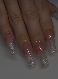 Sparkle Simple Nails, Sugar Nails Glitter, Nye Nails Coffin, Clear Sparkle Nails, Nail Ideas Gems, Chunky Glitter Nails Acrylics, Glitter Ombre Nails Almond, Glittery French Nails, Clear Sparkly Nails