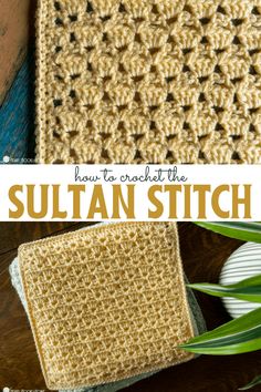 a crocheted square with the text how to hook at the suttan stitch