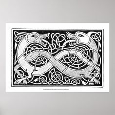 a black and white drawing of two animals in a celtic knot pattern on a wall