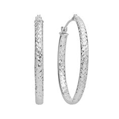 Earring Details: Diameter: 1.12-in. Backings: click-it Metal: 10k white gold Features: diamond-cut details Size: One Size. Gender: female. Age Group: adult. Sterling Silver Hoop Earrings With Diamond Cut For Anniversary, White Gold Hypoallergenic Hoop Earrings For Anniversary, Small Silver Hoop Earrings With Diamond Cut, Anniversary White Gold Hypoallergenic Hoop Earrings, White Gold Hoop Earrings For Anniversary, Silver Diamond Cut Hoop Earrings, Silver Round Diamond Cut Hoop Earrings, White Diamond Cut Small Hoop Earrings, White Gold Diamond Cut Hoop Earrings For Anniversary