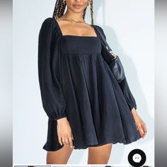 [Princess Polly] Babydoll Cotton Black Puff Bubble Sleeve Square Neck Mini Dress. Nwot Black Babydoll Dress, Dresses Princess Polly, Black Long Sleeve Mini Dress, All Black Dresses, Dresses Princess, Brunch Dress, Pink Formal Dresses, Mini Dress Black, Straight Neckline