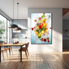 a painting hanging on the wall above a dining room table