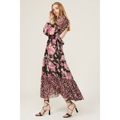 Pink floral chiffon (100% Polyester). Hourglass. Long sleeves. Mock neck. Pull on. 53.5" from shoulder to hemline. Made in the USA of imported fabric. Floral Print Chiffon Dress For Fall, Spring Chiffon Dress With Sheer Long Sleeves, Fall Floral Print Chiffon Dress, Spring Floral Print Long Sleeve Chiffon Dress, Chic Spring Chiffon Dress With Sheer Sleeves, Chic Chiffon Dress With Sheer Sleeves For Spring, Chic Floral Print Chiffon Dress For Spring, Chic Flowy Floral Print Chiffon Dress, Chic Flowy Chiffon Dress With Floral Print