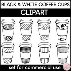 black and white coffee cups clipart set for commercial use