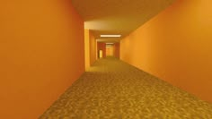 an empty hallway with yellow walls and tiled floor