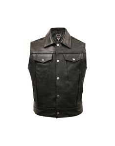 A fantastic 'cut-off' leather waistcoat with shirt style collar in robust genuine cowhide that is strong and durable yet supple enough to provide a very comfortable fit. This well designed sleeveless jacket has dual fastening comprising of solid zip and press studs and enough pockets to carry essentials such as keys, wallet, phone etc. Based on the classic denim jean jacket, this leather sleeveless  version has real presence. The Trucker leather waistcoat is versatile and practical - ideal for t Leather Biker Vest, Leather Waistcoat, Biker Clubs, Biker Vest, Style Rock, Leather Cuts, Rocker Style, Mens Vests, Sleeveless Jacket