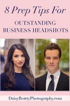 three people in business attire with the text 8 prep tips for outstanding business headshots