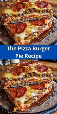 the pizza burger is stacked on top of each other