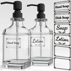 two soap dispensers are shown with labels for each one and the other