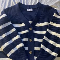 Thick Navy And White Stripes New With Tags Old Navy Button Up Cardigan Xxl Striped Casual Cardigan With Buttons, Casual Striped Button Cardigan, Casual Striped Cardigan With Buttons, Casual Navy Sweater With Buttons, Navy Casual Cardigan For Spring, Navy Casual Spring Cardigan, Blue Button-up Cardigan, Light Grey Sweater, Navy Cardigan