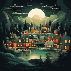 a night scene with houses on the water and snow covered mountains in the background,