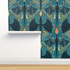 an image of a wallpaper with blue and orange designs on it's walls