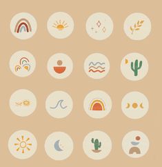 a set of nine circular icons with different shapes and sizes, including sun, moon, cactus, clouds, watermelon