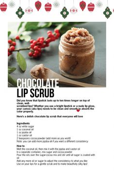 Did you know lipstick lasts up to ten times longer on top of clean well-scrubbed lips? This scrub is simple to make and helps to keep your lips clean and smooth so they are a perfect surface for your favorite lipstick or gloss. Chocolate Lip Scrub, Diy Body Scrub Recipes, Diy Sugar Scrub Recipe, Lip Scrub Recipe, Homemade Body Butter, Natural Skin Care Ingredients, Diy Body Butter, Lip Scrub Diy, Body Butters Recipe