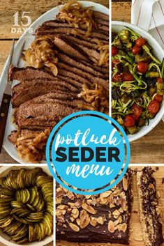 a collage of pictures with different foods and words that read potluck seder menu