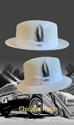 "Frank Garcia traditional  White fine finish  fedora lowrider hat made of 100% woven finest cotton string comes with a white band. Also comes with a silk inside liner, real rooster feather, pearl pin and hat pendant. 2\" brim." Classic White Hat Bands For Spring, White Fedora Panama Hat For Kentucky Derby, White Western Fedora Panama Hat, White Fitted Panama Hat With Curved Brim, White Western Style Panama Hat, White Fitted Brimmed Panama Hat, White Flat Brim Panama Hat For Kentucky Derby, White Brimmed Fedora For Kentucky Derby, Classic White Adjustable Fedora