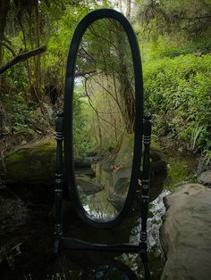 a mirror is sitting in the middle of a stream