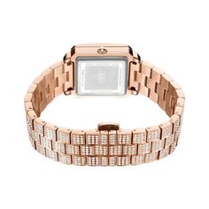 Wrap your wrist in endless shimmer with this ladies' Cristal Square watch from Jbw. In 18K rose gold-plated stainless steel, this timepiece features a square-shaped dial encrusted with crystal, rose-toned markers and hands, crystal-lined bezel and mineral crystal in 28.0mm octagon-shaped case. With 1/8 ct. t.w. of diamonds punctuating the markers, this design sparkles with glamour. The reliable Swiss quartz movement ensures accurate time keeping. The 18K rose gold-plated stainless steel bracelet glistens with crystal-adorned square-shaped links and secures with a deployment clasp. Water-resistant to 30 meters, this watch comes with a two-year limited manufacturer warranty. Rose Gold Diamond Watch With Round Dial For Evening, Elegant Rose Gold Diamond Watch With Bracelet Strap, Evening Rose Gold Quartz Watches, Formal Rose Gold Diamond Watch With Bracelet Strap, Rose Gold Diamond Watch For Anniversary With Rectangular Dial, Rose Gold Diamond Watch With Rectangular Dial For Anniversary, Rose Gold Diamond Watch With Bracelet Strap, Formal Rose Gold Diamond Analog Watch, Elegant Rose Gold Diamond Analog Watch