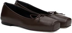 LWG-certified grained nappa leather ballerina flats in brown. · Square toe · Self-tie bow accent at vamp · Red stitch at heel tab · Logo embossed at padded footbed · Grained lambskin lining · Stacked leather heel with rubber injection · Nubuck sole Supplier color: Moka Elegant Brown Ballet Flats For Office, Chic Brown Ballet Flats For Office, Elegant Brown Leather Ballet Flats, Formal Brown Almond Toe Ballet Flats, Chic Brown Leather Ballet Flats, Formal Brown Ballet Flats With Flat Heel, Brown Square, Tie Bow, Ballerina Flats