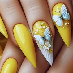 Tamara Margaryan on Instagram: "Yellow Butterfly Nail Art by Tamara 🦋💛 #trendnails2024 #nailart #naildesign #butterflynails #yellownails💛 #stilettonails #elegantnails #nailinspiration #nailartist #nailartdesign #floralnails #manicure #nailgoals #nailfashion #nailstyle #nailtrends #BeautifulNails #tamaranails #NailArtistry #NailDesigns #NailLovers" Rose Nail Art Designs, Yellow Nails Design, Rose Nail Art, Classy Nail Designs, Butterfly Nail Art, Elegant Nail Designs, Wow Nails, Rose Nails, Pretty Nail Art Designs