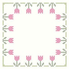 a cross stitch square with pink flowers on it