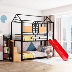 a child's bedroom with a bunk bed and slide