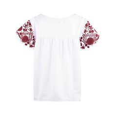 Introducing the Layerz Harrington Top, featuring a stunning white latex-style blouse adorned with beautiful maroon floral embroidery. Elevate your wardrobe with this eye-catching piece that exudes elegance and style. Perfect for any occasion, this top is a must-have for any fashion-forward individual. Brand: Layerz 93% Polyester/7% Spandex Hand Wash Cold/Line Dry White Floral Embroidered Short Sleeve Top, White Floral Embroidery Short Sleeve Top, Elegant White Embroidered Short Sleeve Top, White Short Sleeve Top With Embroidered Hem, White Embroidered Hem Top With Short Sleeves, Elegant Red Tops With Floral Embroidery, Elegant Summer Tops With Embroidered Hem, Casual White Tops With Embroidered Neckline, Casual White Top With Embroidered Neckline