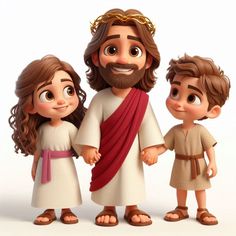 an animated image of jesus with two children