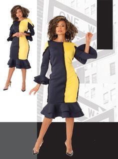 For Her NYC 82146 1 piece Bell Sleeve Scuba Dress Colors: Yellow/Navy Sizes: S, M, L, XL, 1X, 2X Nyc Spring, Scuba Dress, Top Fabric, Affordable Fashion, Bell Sleeves, Colorful Dresses, Navy, Yellow, Dresses