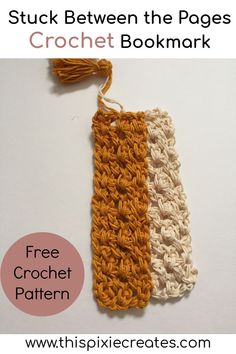 two crocheted bookmarks with the text, stuck between the pages crochet bookmark