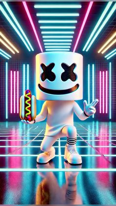 a cartoon character holding a hot dog in a room with neon lights on the walls