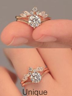 two different views of an engagement ring on someone's hand with the words unique written below it