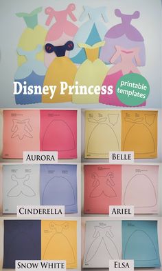 the disney princess silhouettes are on display with their name and pictures below them in different colors