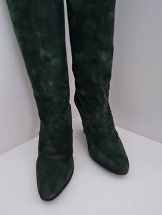 Pancaldi/Walter Steiger dark green slouch boot, high heels, in very good vintage condition  Soft suede, fully leather lined. Soles and heels have been renewed, by a good shoe maker.  European size 39 Green Suede High Heel Boots, Green High Heel Suede Boots, Green Formal Boots For Fall, Green Suede Boots With Pointed Toe, Boot High Heels, Comme Des Garcons Vintage, Walter Steiger, Shoe Maker, Slouch Boots