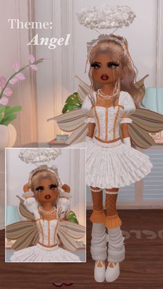 the doll is wearing a white dress and orange shoes