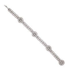 Slim vintage and Art Deco inspired diamond platinum link bracelet. Adorned with white round cut diamonds 6.23 carat total. Diamonds are all natural in G-H Color Clarity VS. Platinum 950 metal. Elegant design with a slim width and four diamond covered rings as accent pieces, makes this bracelet a timeless yet stylish accessory to wear for any occasion. Length: 18.5 cm Width. 1.2 cm Weight: 27.12 g [shortcode] [video] [/video] [/shortcode] White Gold Hoop Earrings, Diamond Chandelier, Platinum Bracelet, White Gold Hoops, Platinum Earrings, 18k Gold Jewelry, Art Deco Inspired, Yellow Diamond, Emerald Diamond