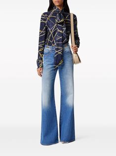 Versace Women, Mid Rise Flare Jeans, Medusa Head, Donatella Versace, Versace Jeans, Gianni Versace, Wide Leg Denim, Flared Jeans, Logo Color