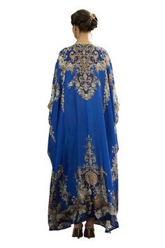 Blue silk long kaftan with all over regal floral prints and patch work waist belt. - Aza Fashions Rajdeep Ranawat, Kaftan Women, Long Kaftan, Patch Work, Blue Silk, Full Sleeves, Aza Fashion, Waist Belt, Full Sleeve