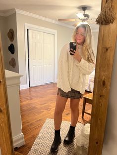 Thxgiving Outfits, Doc Marten And Skirt Outfit, Dressy Fall Shoes, Thanksgiving Outfit Doc Martens, Doc Marten Boots With Dress, Skirt Outfits With Doc Martens, Fall Outfit Photoshoot Ideas, Fur Lined Doc Martens Outfit, Fall Winter Church Outfits