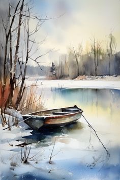 a painting of a boat sitting on the shore of a frozen lake with trees in the background