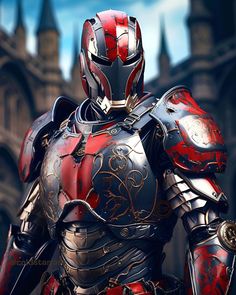 an iron man standing in front of a castle with armor painted on his face and chest