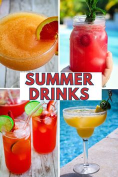 four different types of cocktails with the words summer drinks on top and below them