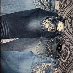 Miss Me And Rock Revival Jeans Both Size 27 Miss Me Jeans Sweater, Mpm Jeans, Flare Jeans With Designs, Miss Me Jeans Outfit Y2k, Miss Me Jeans Outfit Ideas, Early 2000s Clothes, 2000 Jeans, 2000s Core, Y2k Low Rise Jeans